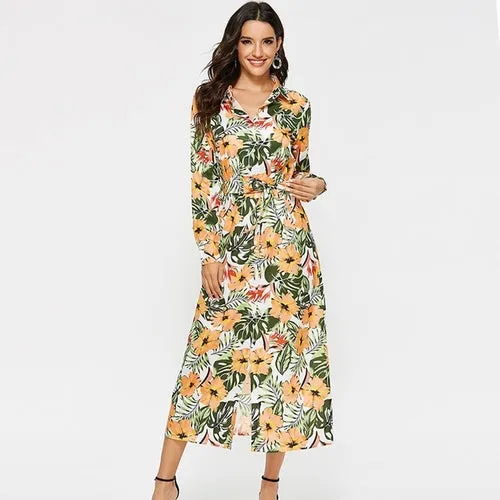 Dress Women Vintage Floral Print Casual Turn Down