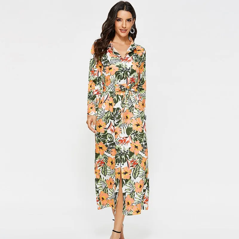 Dress Women Vintage Floral Print Casual Turn Down