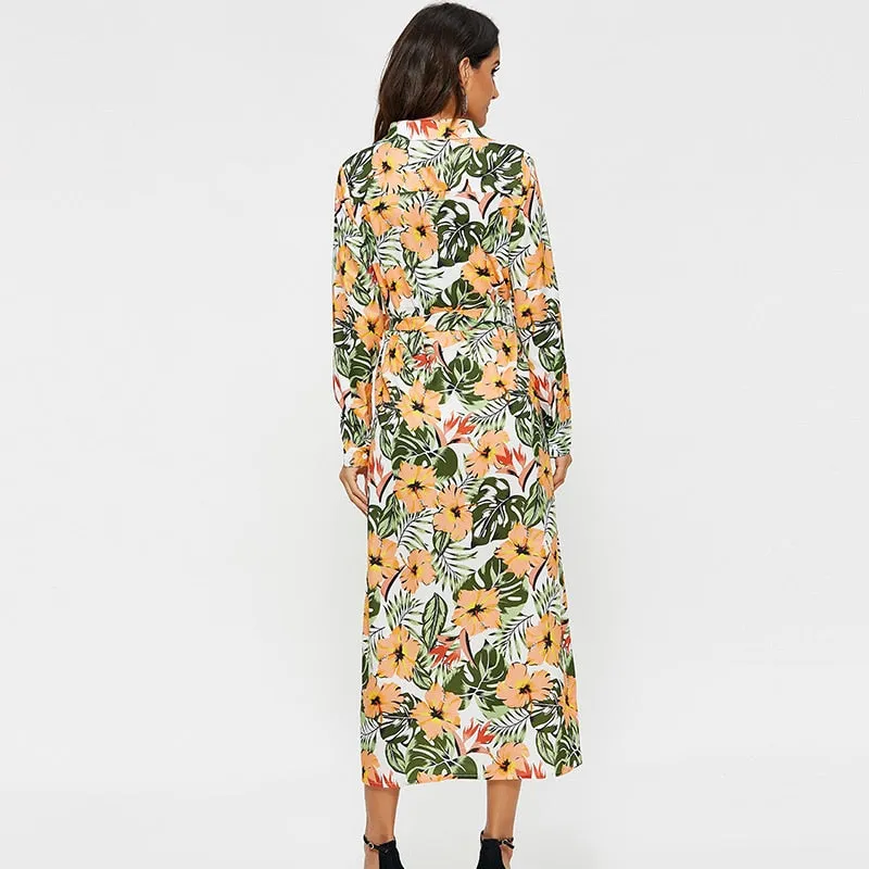 Dress Women Vintage Floral Print Casual Turn Down