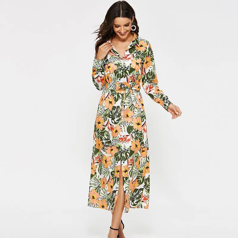 Dress Women Vintage Floral Print Casual Turn Down