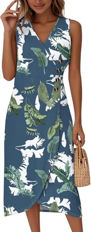 Dresses for Women Summer Elegant Wrap V Neck Sleeveless Floral Boho Dress Ruched Button Bodycon Sexy Midi Sundress