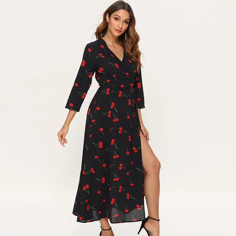Elegant Dresses Women Three Quarter Sleeve Cherry