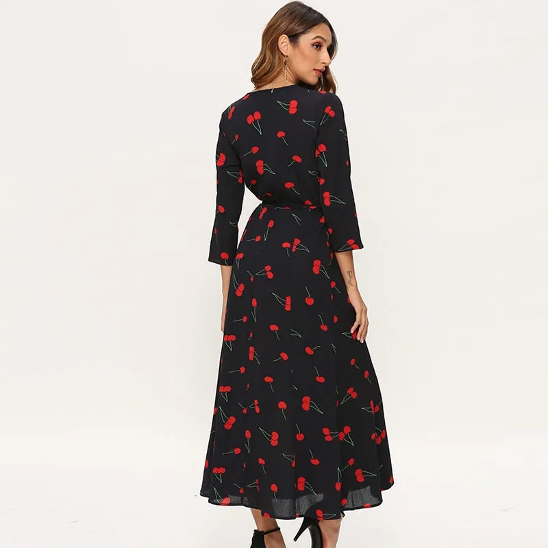 Elegant Dresses Women Three Quarter Sleeve Cherry