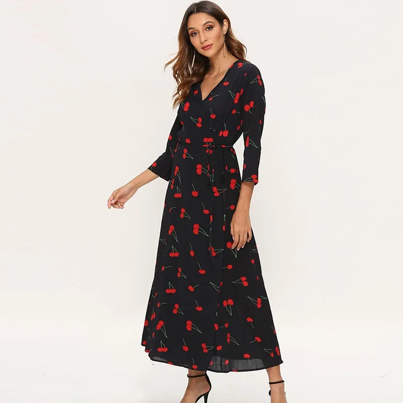 Elegant Dresses Women Three Quarter Sleeve Cherry