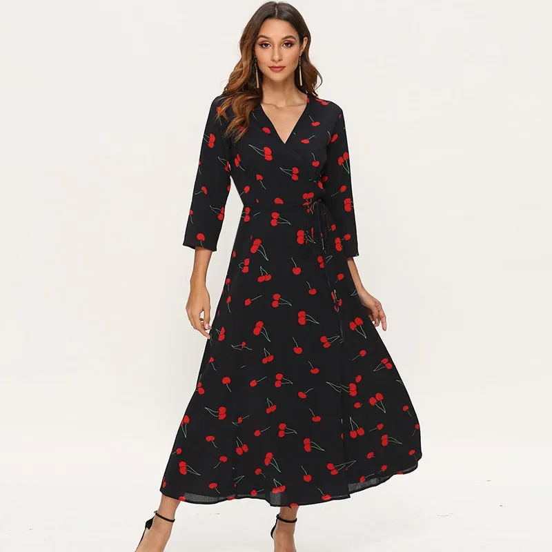 Elegant Dresses Women Three Quarter Sleeve Cherry