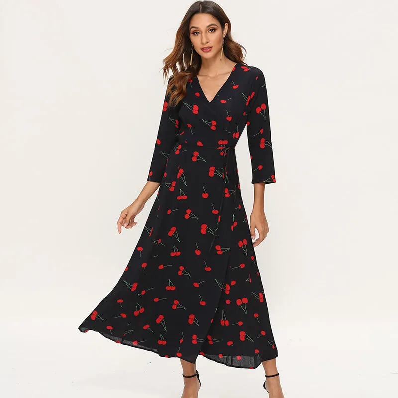 Elegant Dresses Women Three Quarter Sleeve Cherry