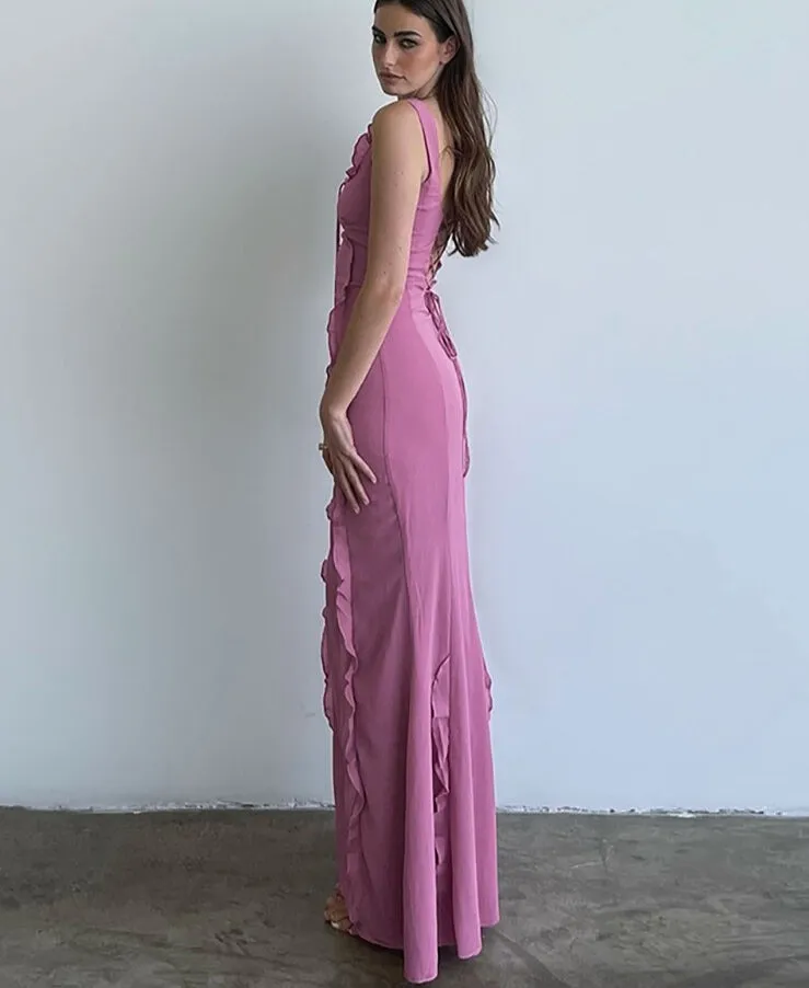 Elegant Solid Agaric Edge Maxi Dress Women Fashion Side Slit Suspenders Femal Long Prom Dresses Party Robe Streetwear