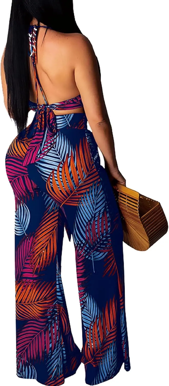 Elegant Two Piece Sets for Women Sexy Printing Halter Bandage Top Long Straight Pants Vacation Outfits Beach