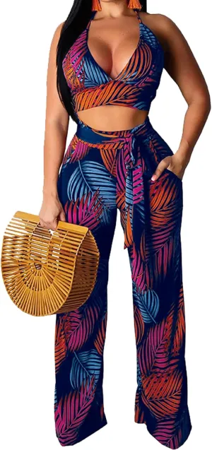Elegant Two Piece Sets for Women Sexy Printing Halter Bandage Top Long Straight Pants Vacation Outfits Beach