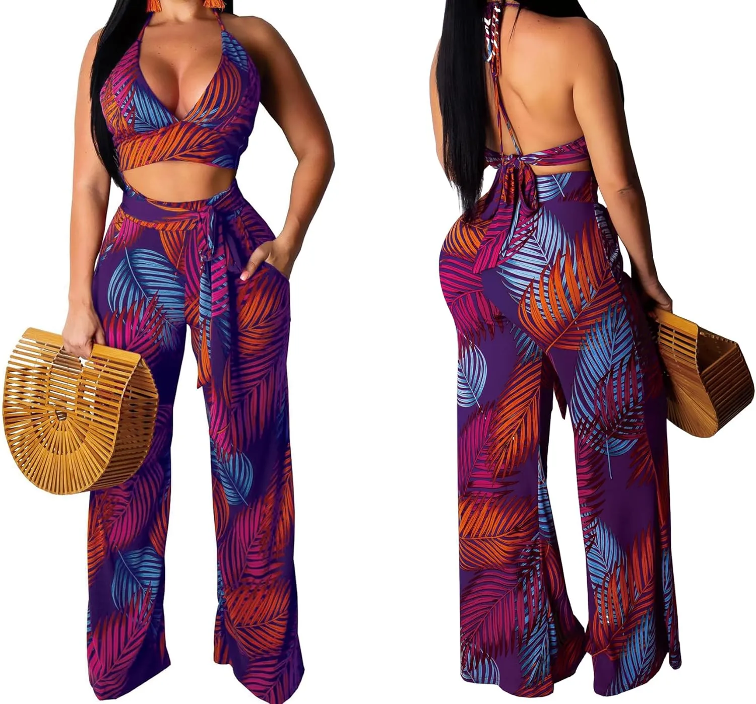 Elegant Two Piece Sets for Women Sexy Printing Halter Bandage Top Long Straight Pants Vacation Outfits Beach