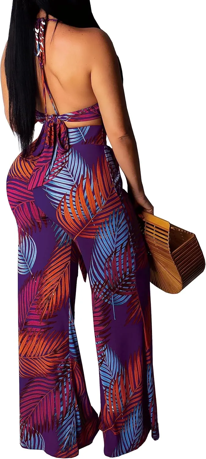 Elegant Two Piece Sets for Women Sexy Printing Halter Bandage Top Long Straight Pants Vacation Outfits Beach