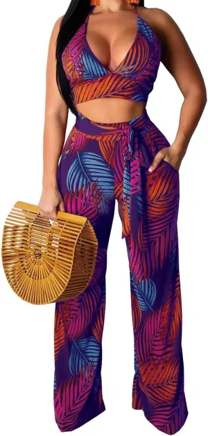 Elegant Two Piece Sets for Women Sexy Printing Halter Bandage Top Long Straight Pants Vacation Outfits Beach