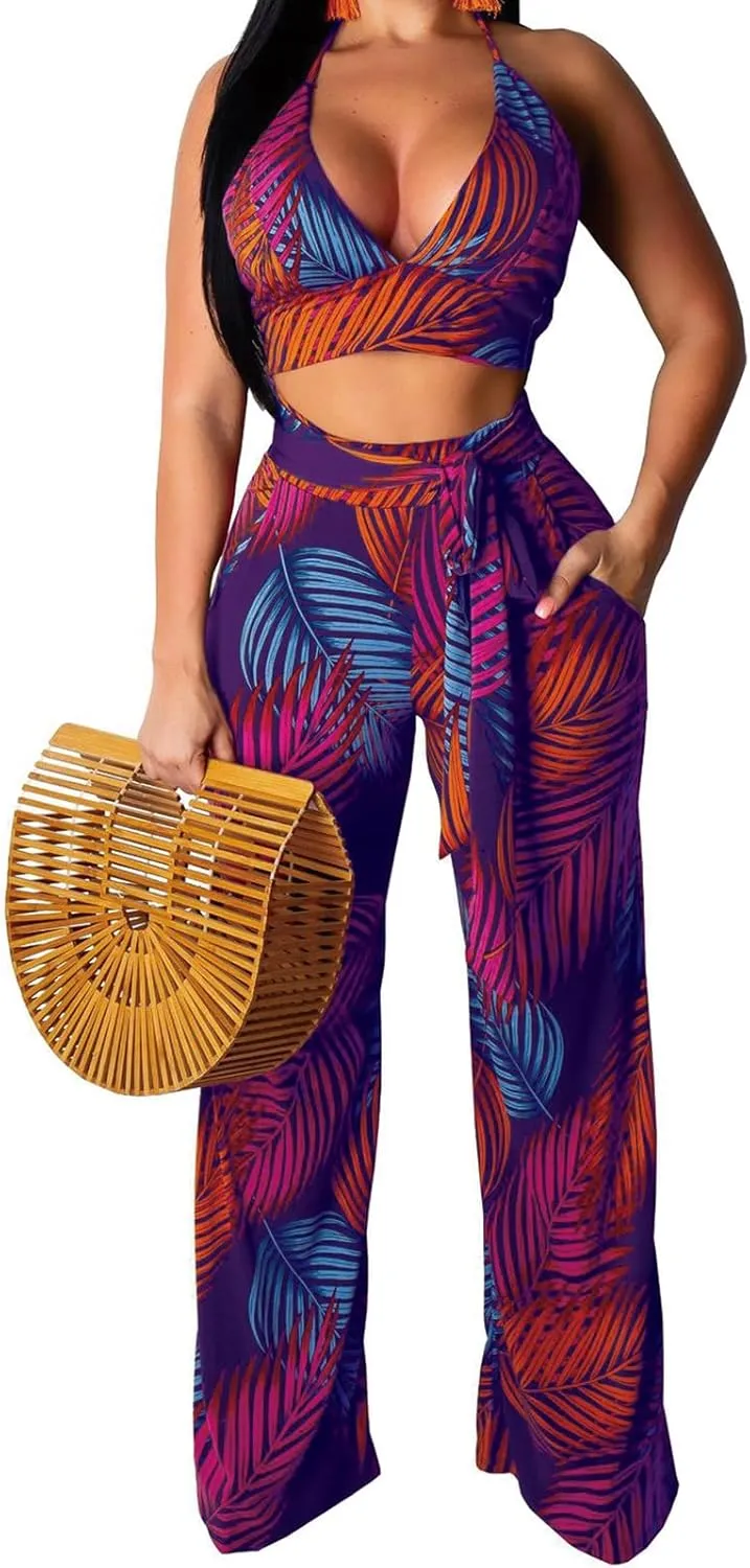 Elegant Two Piece Sets for Women Sexy Printing Halter Bandage Top Long Straight Pants Vacation Outfits Beach