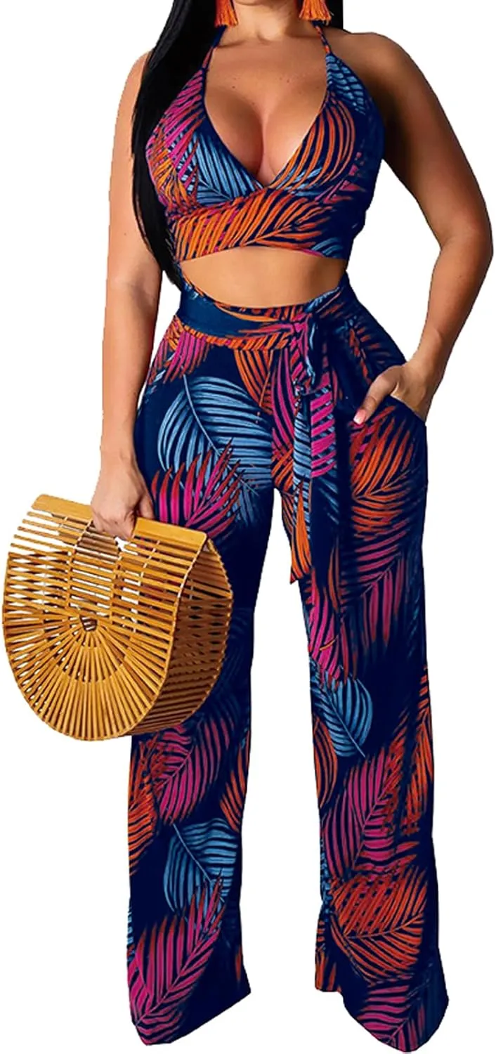 Elegant Two Piece Sets for Women Sexy Printing Halter Bandage Top Long Straight Pants Vacation Outfits Beach
