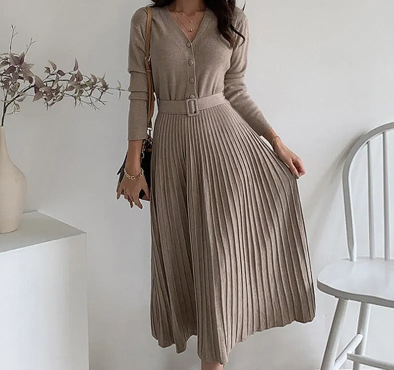 Elegant V-neck Single-breasted Women Thicken Sweater Dress Autumn Winter Knitted Belted Female A-line soft dresses