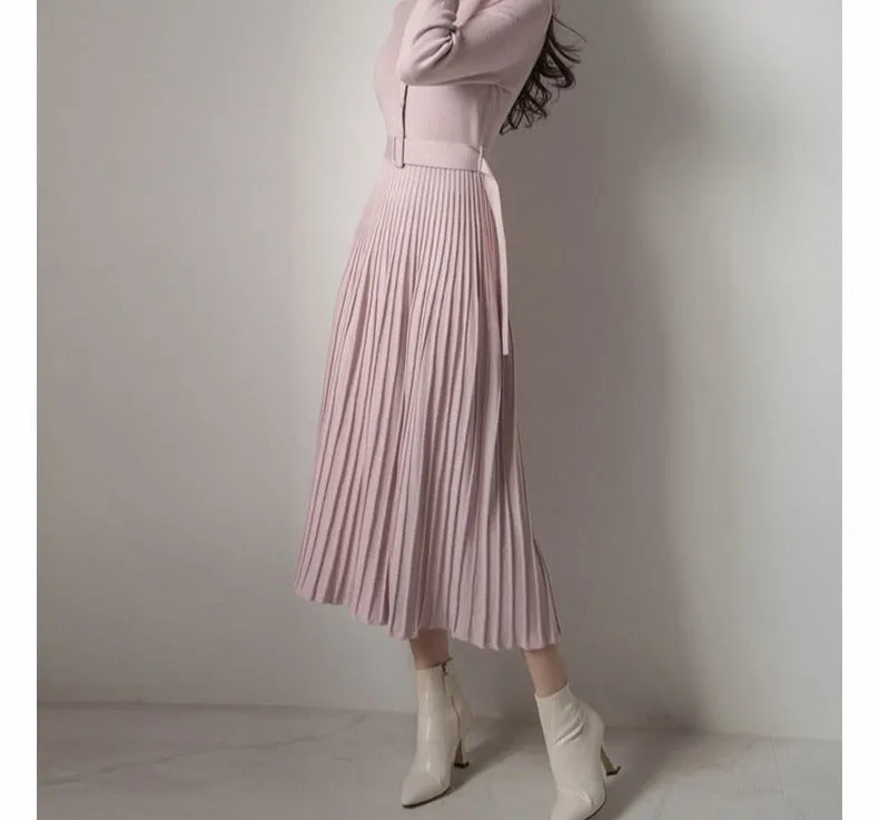 Elegant V-neck Single-breasted Women Thicken Sweater Dress Autumn Winter Knitted Belted Female A-line soft dresses