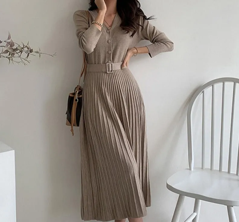 Elegant V-neck Single-breasted Women Thicken Sweater Dress Autumn Winter Knitted Belted Female A-line soft dresses