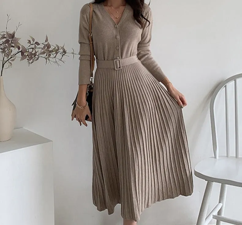 Elegant V-neck Single-breasted Women Thicken Sweater Dress Autumn Winter Knitted Belted Female A-line soft dresses