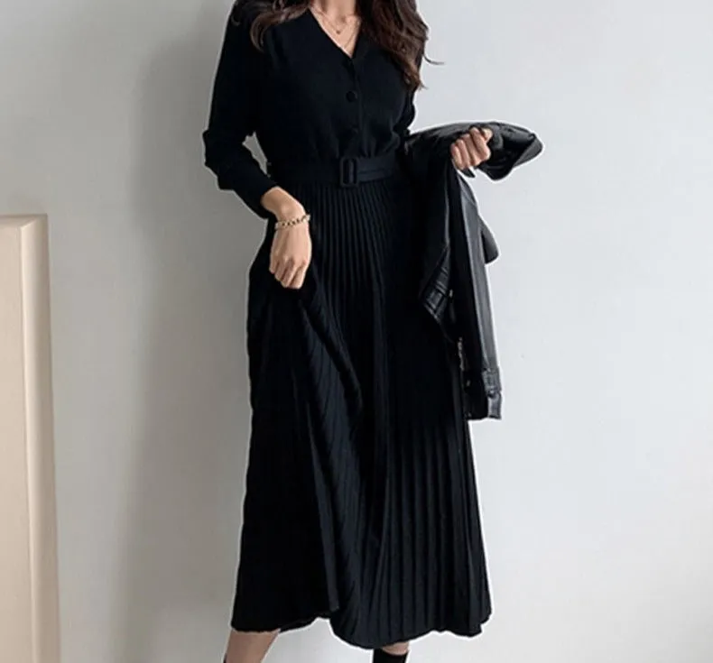 Elegant V-neck Single-breasted Women Thicken Sweater Dress Autumn Winter Knitted Belted Female A-line soft dresses