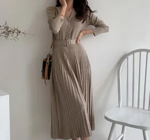 Elegant V-neck Single-breasted Women Thicken Sweater Dress Autumn Winter Knitted Belted Female A-line soft dresses