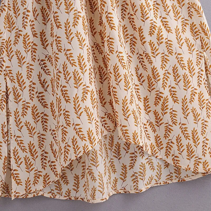 Elegant Wheat Spike Printed Dress For Women Bow
