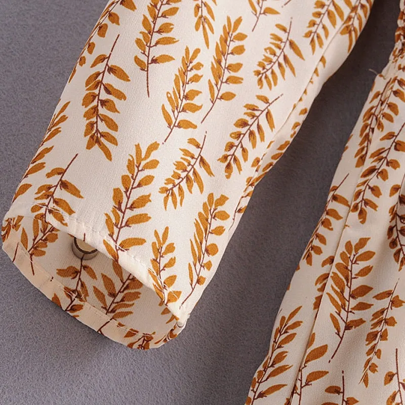 Elegant Wheat Spike Printed Dress For Women Bow