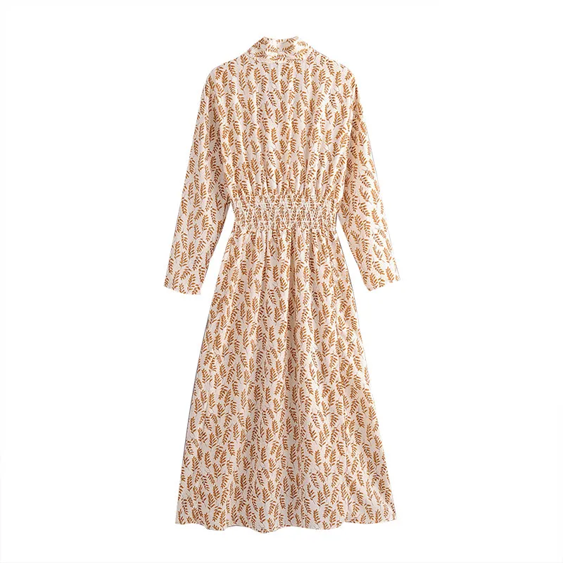 Elegant Wheat Spike Printed Dress For Women Bow