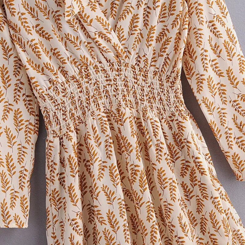 Elegant Wheat Spike Printed Dress For Women Bow