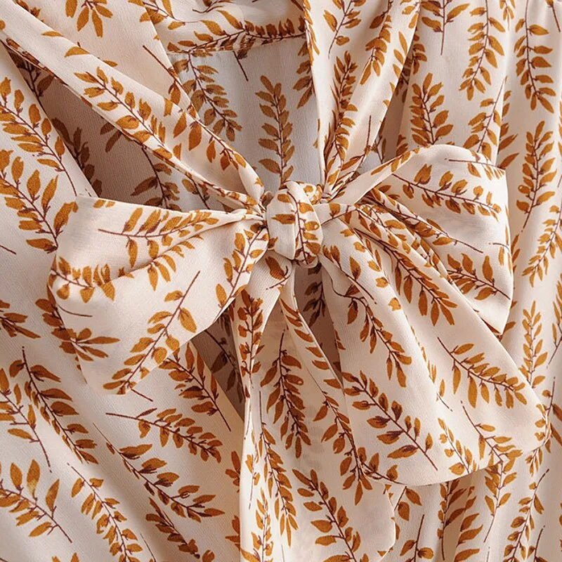 Elegant Wheat Spike Printed Dress For Women Bow