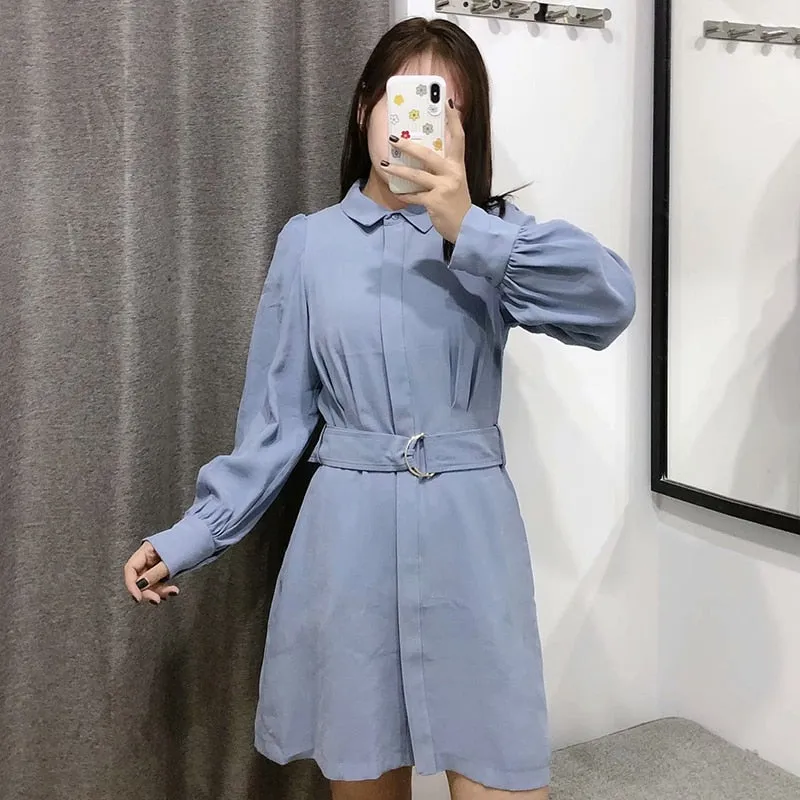 Elegant Women Solid Shirt Dress Female Turn