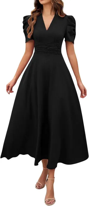 Elegant Women's Vintage A-Line Midi Dress with Puff Sleeves and V-Neck for Party, Wedding, Evening Outfits