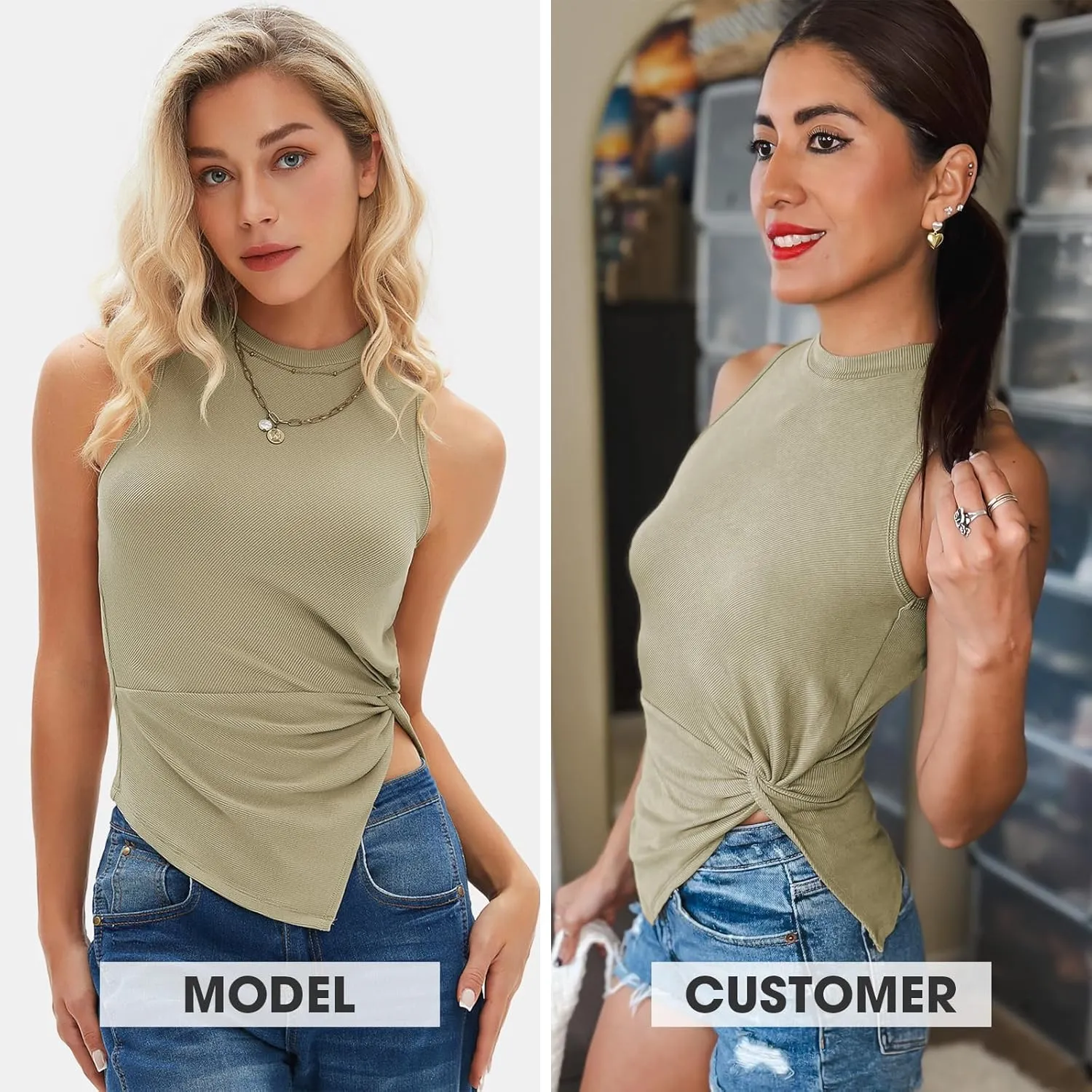 EXLURA Women's Summer Sleeveless High Neck Tank Tops Sexy Twist Knot Asymmetrical Hem Shirts Going Out Top 2025