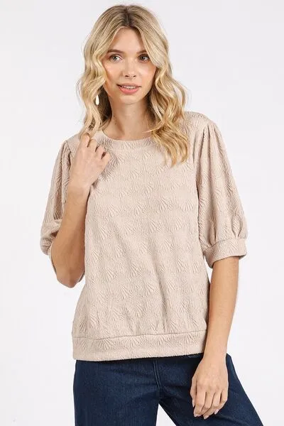 Fan Shell Texture Short Puff Sleeve Knit Top