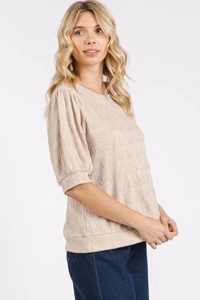 Fan Shell Texture Short Puff Sleeve Knit Top