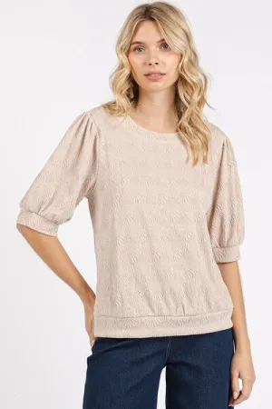 Fan Shell Texture Short Puff Sleeve Knit Top