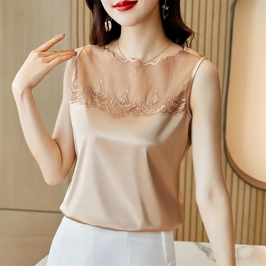 Fashion Crop Basic Tops Women Sexy Sleeveless Lace Hollow Out Camisole Vest Women Casual Satin Tank Tops