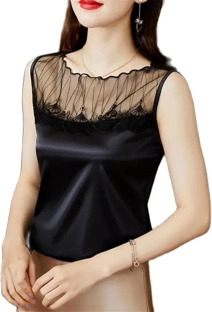 Fashion Crop Basic Tops Women Sexy Sleeveless Lace Hollow Out Camisole Vest Women Casual Satin Tank Tops
