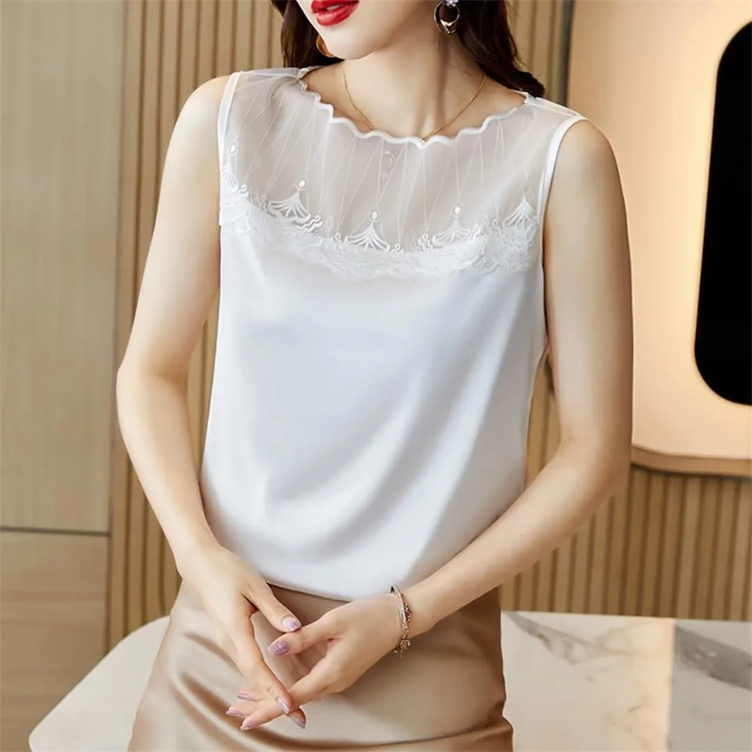 Fashion Crop Basic Tops Women Sexy Sleeveless Lace Hollow Out Camisole Vest Women Casual Satin Tank Tops