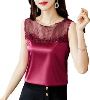 Fashion Crop Basic Tops Women Sexy Sleeveless Lace Hollow Out Camisole Vest Women Casual Satin Tank Tops