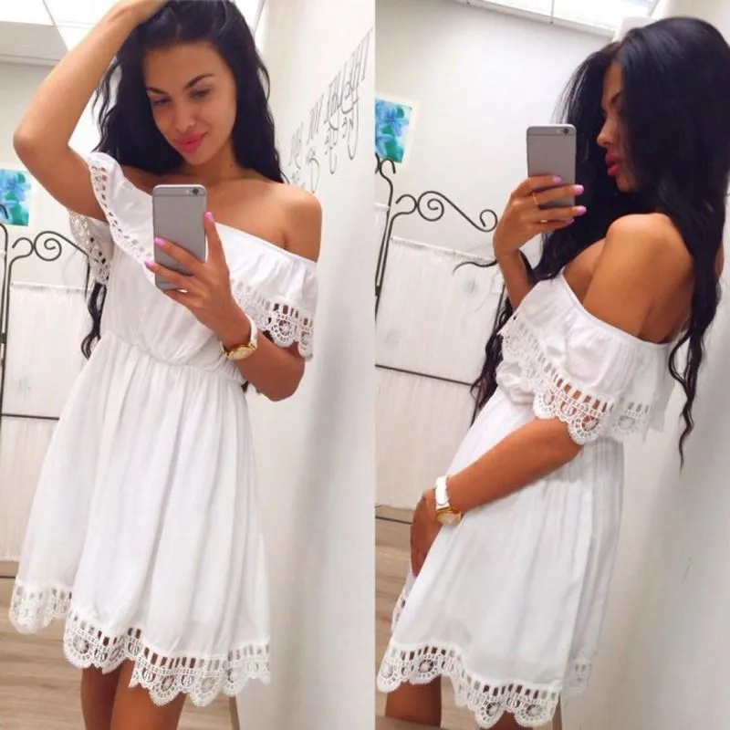 Fashion Women Elegant Vintage Sweet Lace White Dress Stylish Sexy Slash Neck Casual Slim Beach Summer Sundress