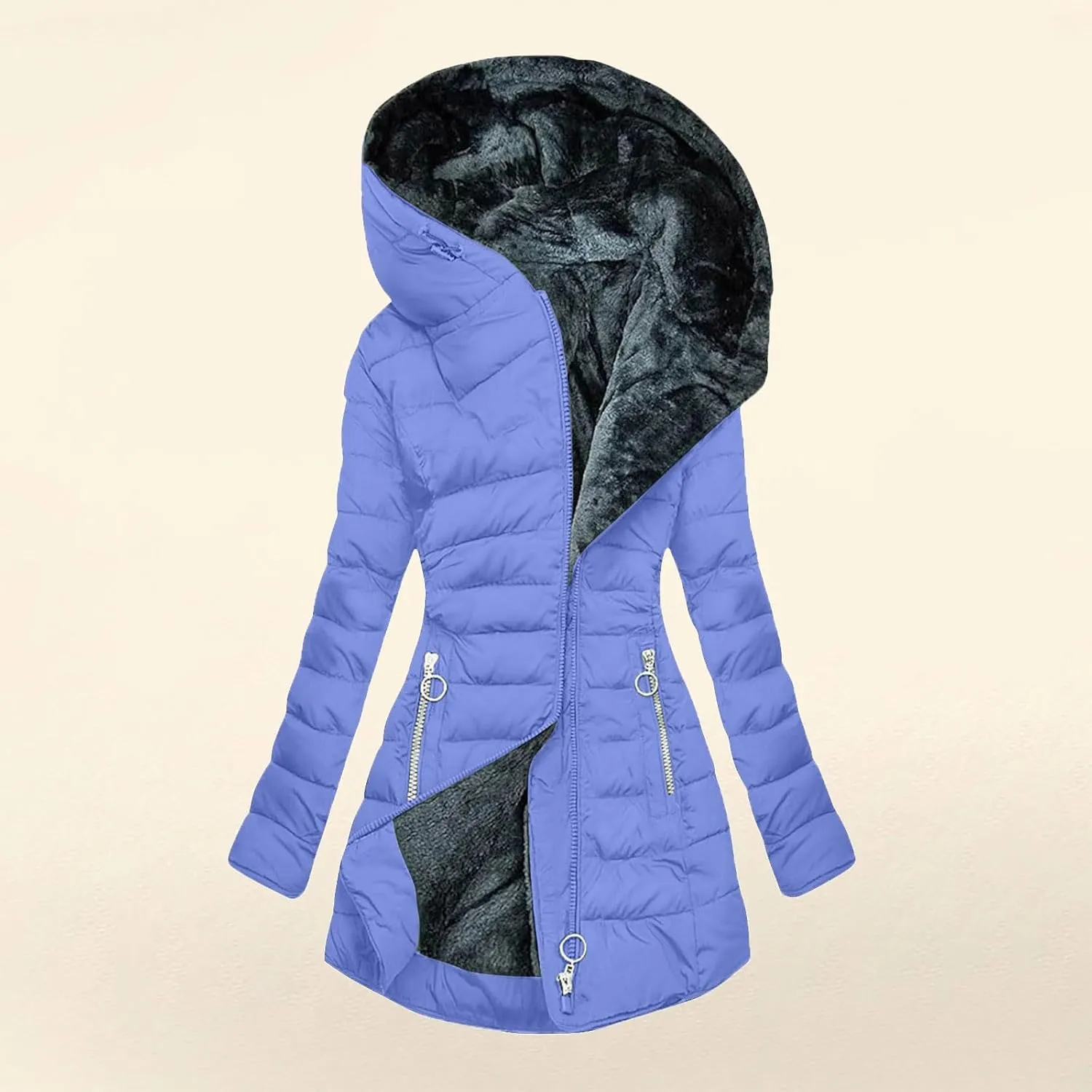 Faux Fur Hooded Down Coat for Women Trendy Full Zip Pocket Plush Casual Daily Y2k Loose Fit Warm Winter Cotton Jacket