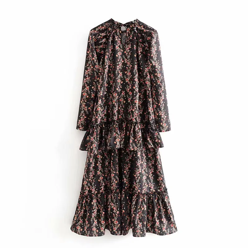 Floral Elegant Long Dress Women Bow Tie Long