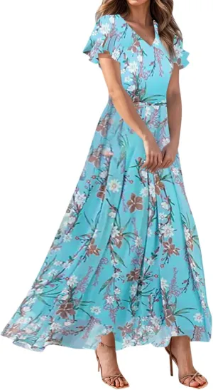 Floral Maxi Dresses for Women 2025 Summer Elegant Flutter Sleeve Long Flowy Trendy V Neck Garden Party Dress