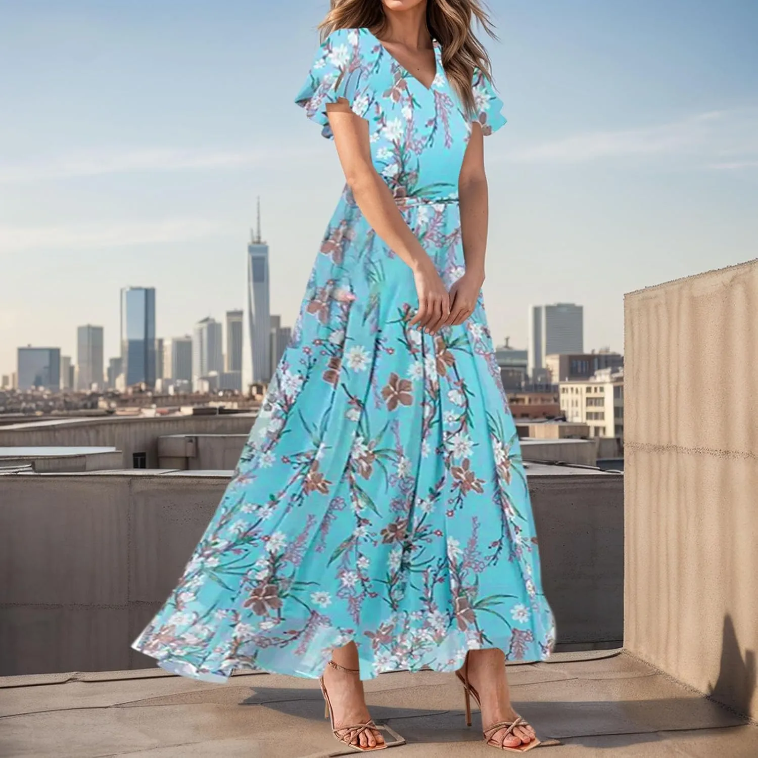 Floral Maxi Dresses for Women 2025 Summer Elegant Flutter Sleeve Long Flowy Trendy V Neck Garden Party Dress