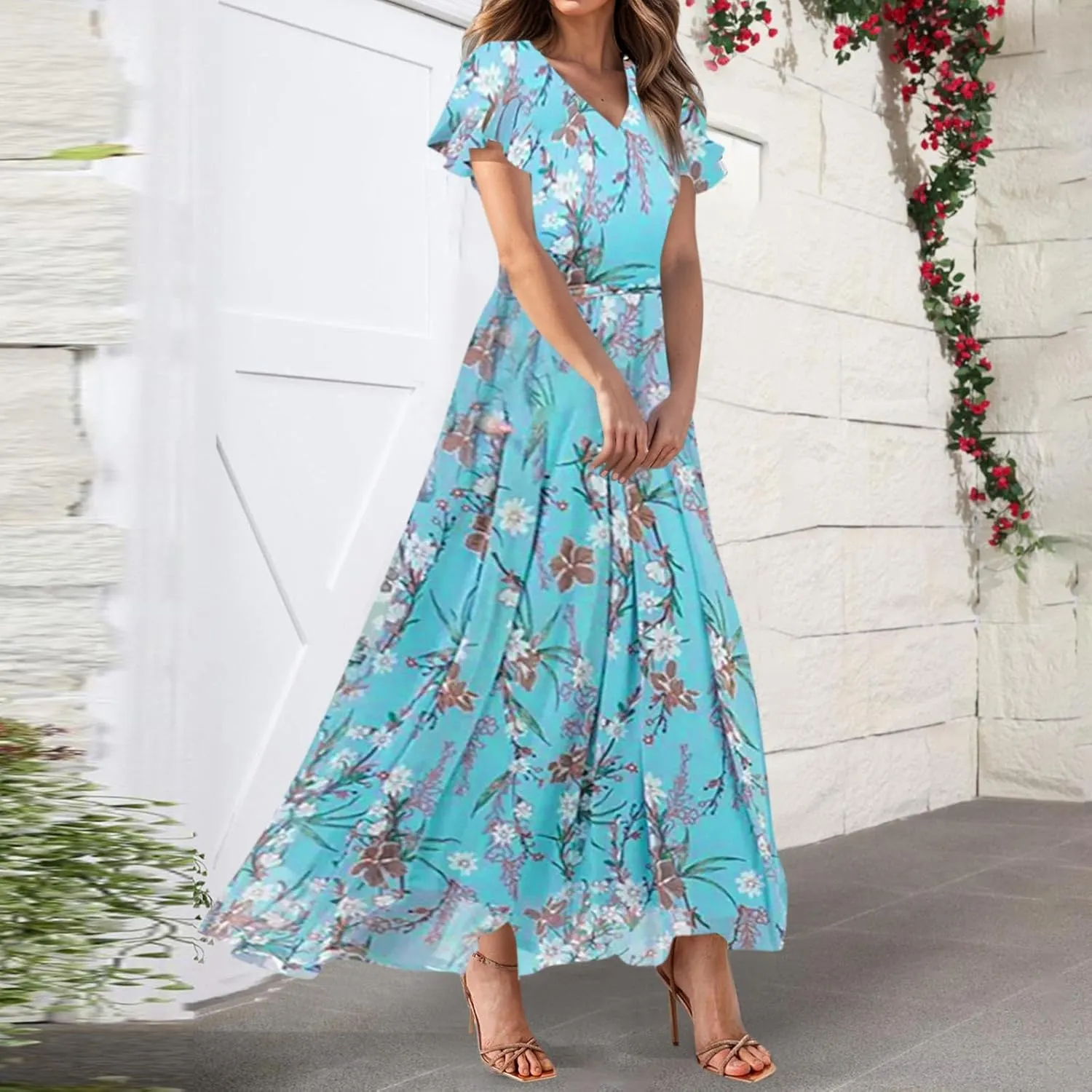 Floral Maxi Dresses for Women 2025 Summer Elegant Flutter Sleeve Long Flowy Trendy V Neck Garden Party Dress