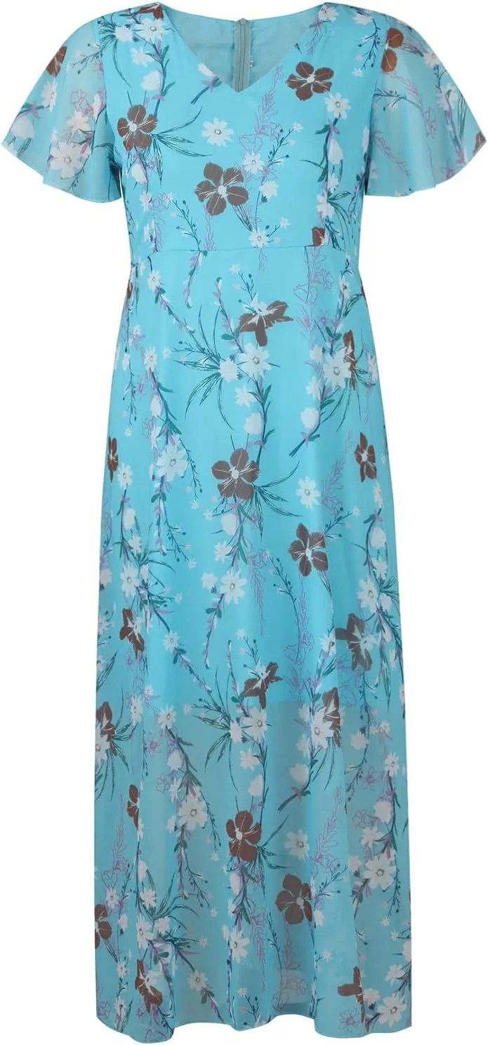Floral Maxi Dresses for Women 2025 Summer Elegant Flutter Sleeve Long Flowy Trendy V Neck Garden Party Dress