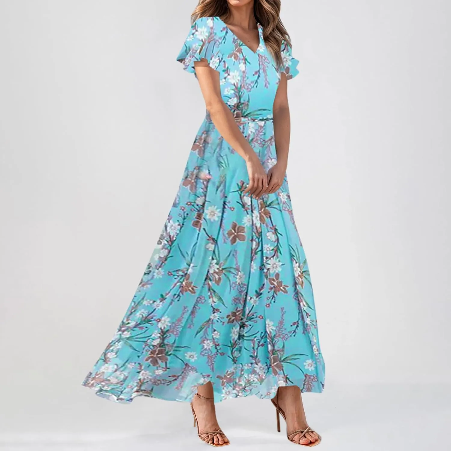 Floral Maxi Dresses for Women 2025 Summer Elegant Flutter Sleeve Long Flowy Trendy V Neck Garden Party Dress