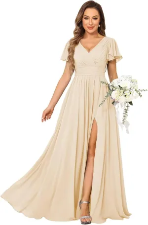 Flutter Sleeve Chiffon A Line Bridesmaid Dresses with Slit for Women Maxi Formal Dresses with Pockets RA030