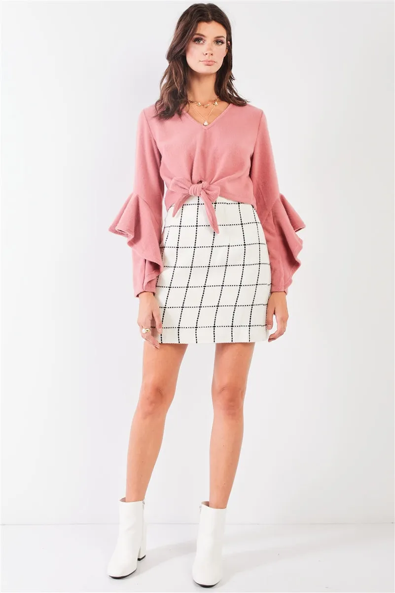 Fuzzy Long Ruffle Sleeve V-neck Self-tie Front Detail Cropped Top