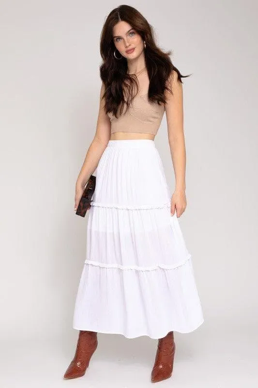 GILLI Elastic Waist Merrow Edge Tiered Midi Skirt